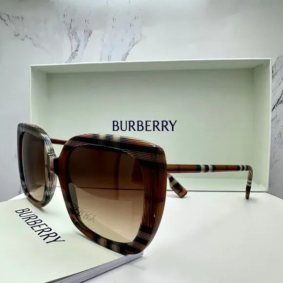 New Burberry Sunglasses Brown Check Square Frames Gradient Lens w/ Case BURBERRY - Picture 12 of 16